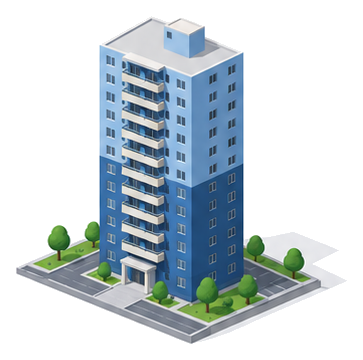 敷地に建つ14階建て程度の細長いマンションの上半分が明るい色で示されたイラスト