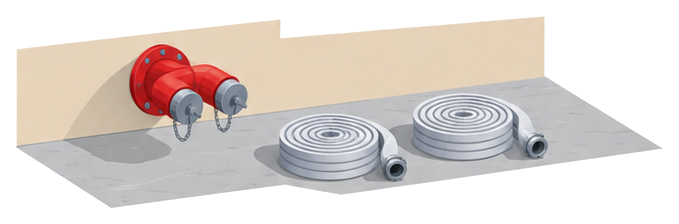 壁の送水口の前に消防用ホースが2本並べて置かれたイラスト