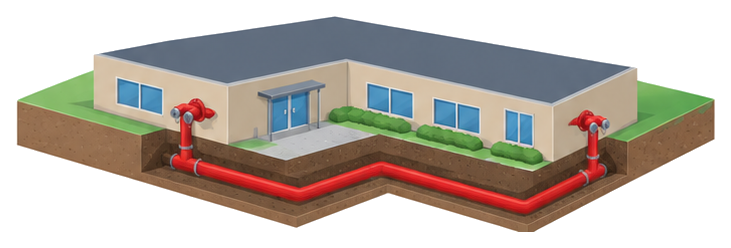 建物の正面と側面の2か所の送水口を地中の配管でつないだバイパス接続のイラスト