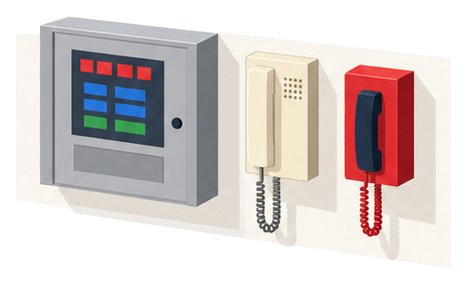 壁に取り付けた受信機の横にクリーム色のインターホンと赤い非常電話が並んでいるイラスト