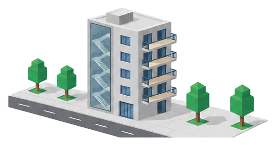 階段がひとつしかない五階建ての雑居ビルで上の階にバルコニーが並んでいるイラスト