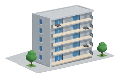 六階建ての集合住宅の各階のバルコニーの床にあるハッチが左右交互に並び真下に重ならない様子のイラスト