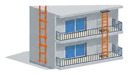 建物の壁に固定されたはしごとバルコニーのハッチから下がるつり下げはしごが並んでいるイラスト