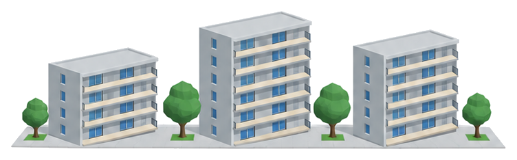 高さの少しずつ違う三棟の集合住宅が並んでいるイラスト