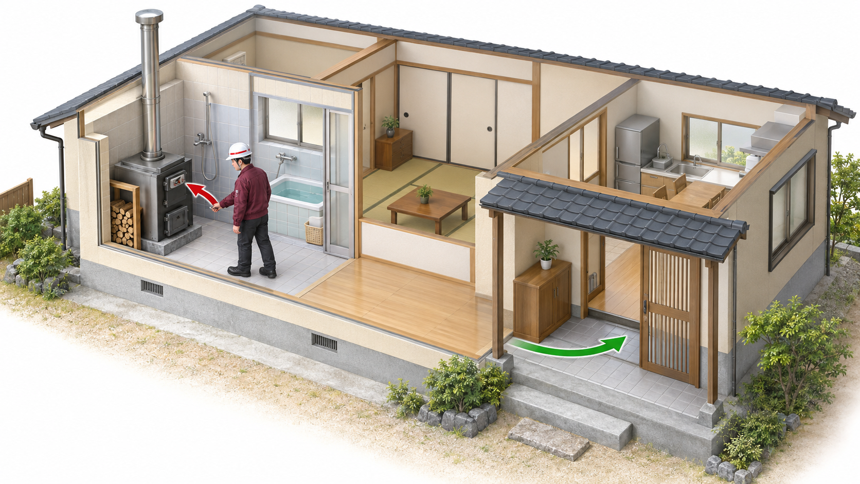 木造住宅とまき風呂の位置、点検担当者を示す一般的なアイソメ図解