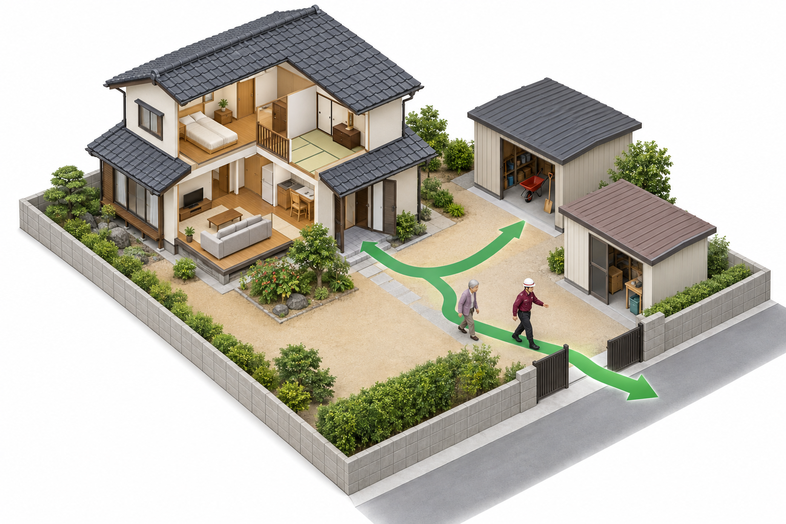 住宅と小屋から屋外へ避難する一般的なアイソメ図解