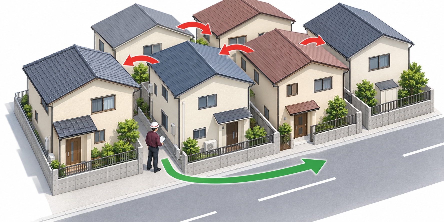 住宅が近接する街区と周囲への避難を示す一般的なアイソメ図解
