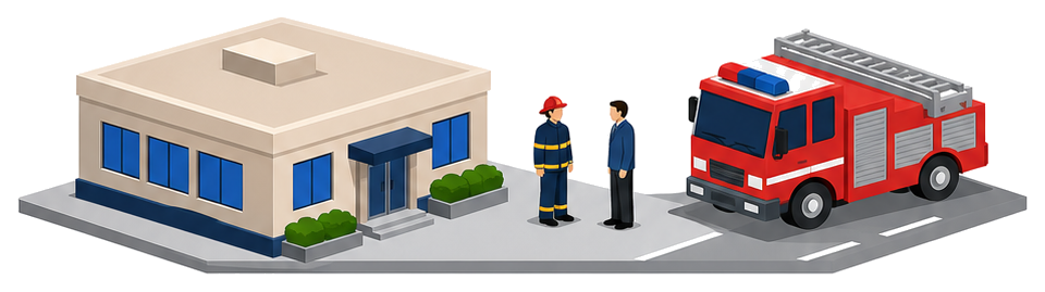 建物の前に停まった消防車と向かい合って話す消防隊員と建物側の人のイラスト