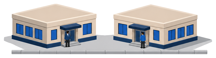 並んで建つ二棟の建物とそれぞれの入口に立つ人のイラスト