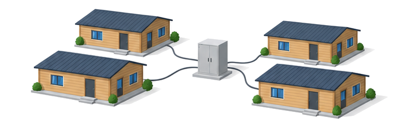 低いベージュの木造の建物四棟がすき間を空けて並び、中央に立つ灰色の受電設備が細いケーブルで各棟につながっているイメージ
