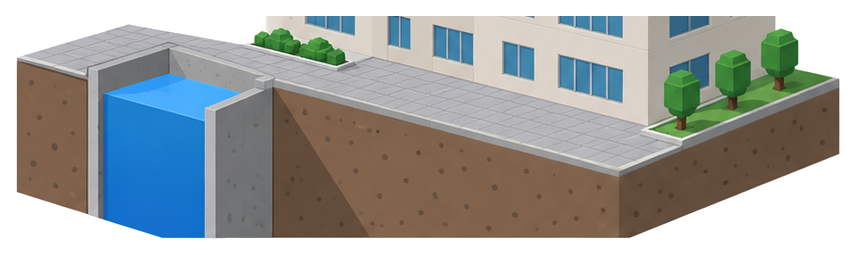 建物の横の地面の下に青い水を満たした深いコンクリートの水槽があるイラスト