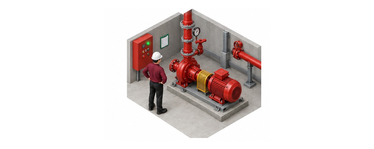 調整後の消防ポンプで正常な回転と圧力を再確認する様子