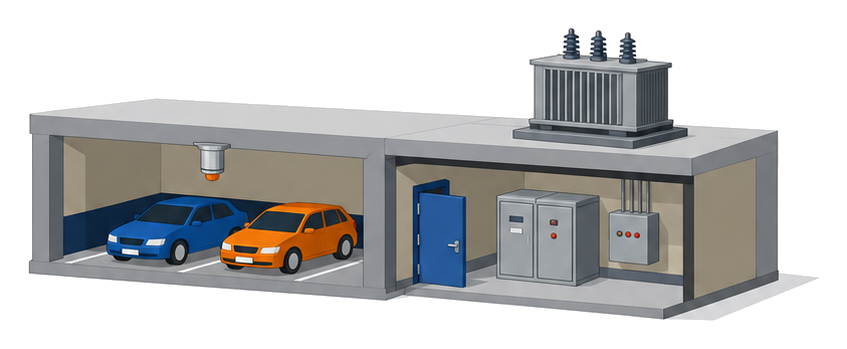 地下駐車場と電気設備室が積み重なった建物断面と通信機器室