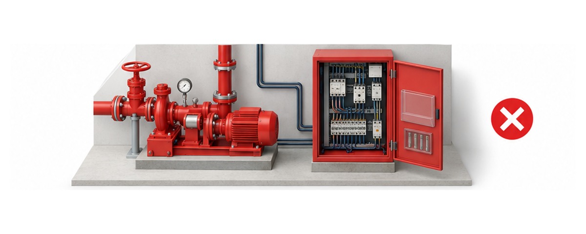消防ポンプ制御盤の図面入れと予備品収納が空で復旧作業を止める横長アイソメ図
