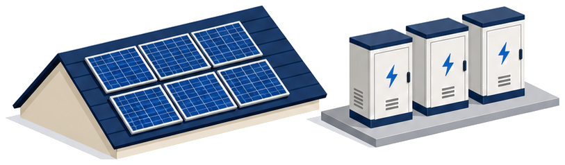 太陽光パネルを載せた建物と並んで置かれた複数の蓄電池キャビネット