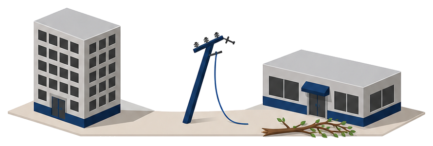 台風で電柱が倒れ建物の照明が消えた長時間停電の状況を示したイメージ