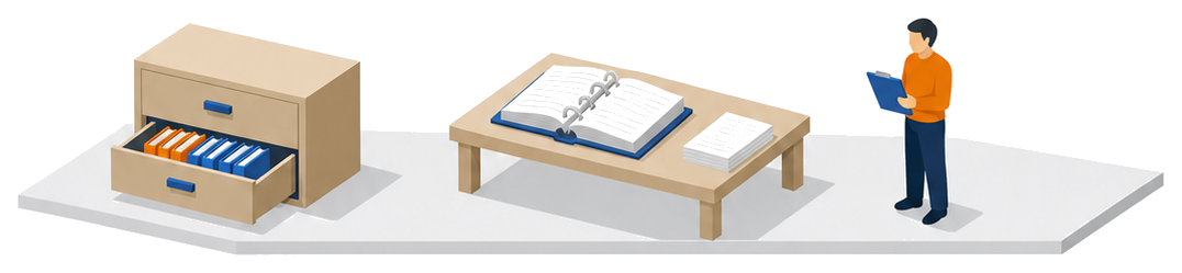 書類を綴じたキャビネットと台帳を確認する担当者を示したイラスト