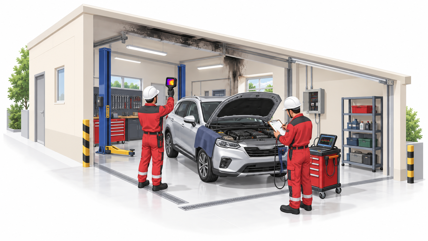 鎮火後の車両と整備工場を熱画像と診断機で確認する担当者