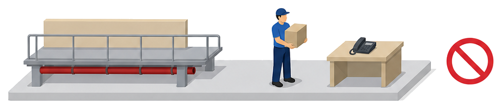 点検用の細い通路の下の発熱体と上の断熱材と電話を取らずに荷物を運ぶ人を並べて見落としやすい場面を表した図