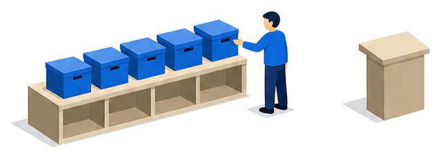 五つの箱を並べた棚から資料を取り出す担当者と演台を示したイラスト