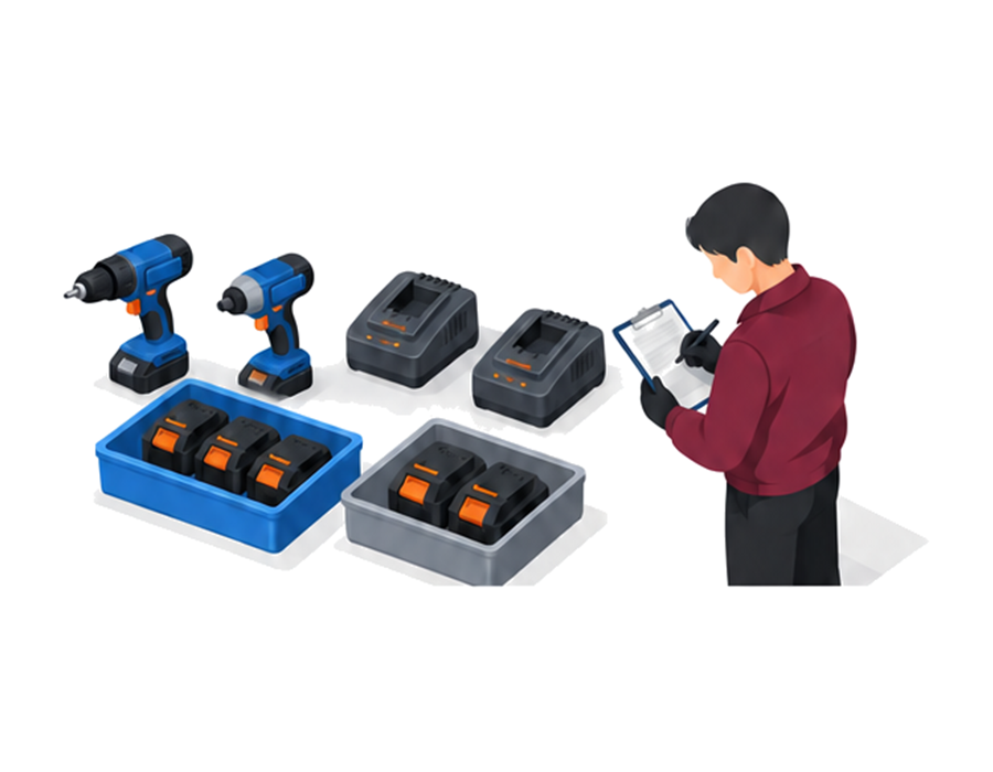 施設内の充電式ドリルや照明とバッテリーの型式を台帳で確認する担当者のアイソメ図