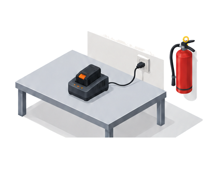 不燃性の作業台で電動工具用バッテリーを一台ずつ充電し記録する施設担当者のアイソメ図