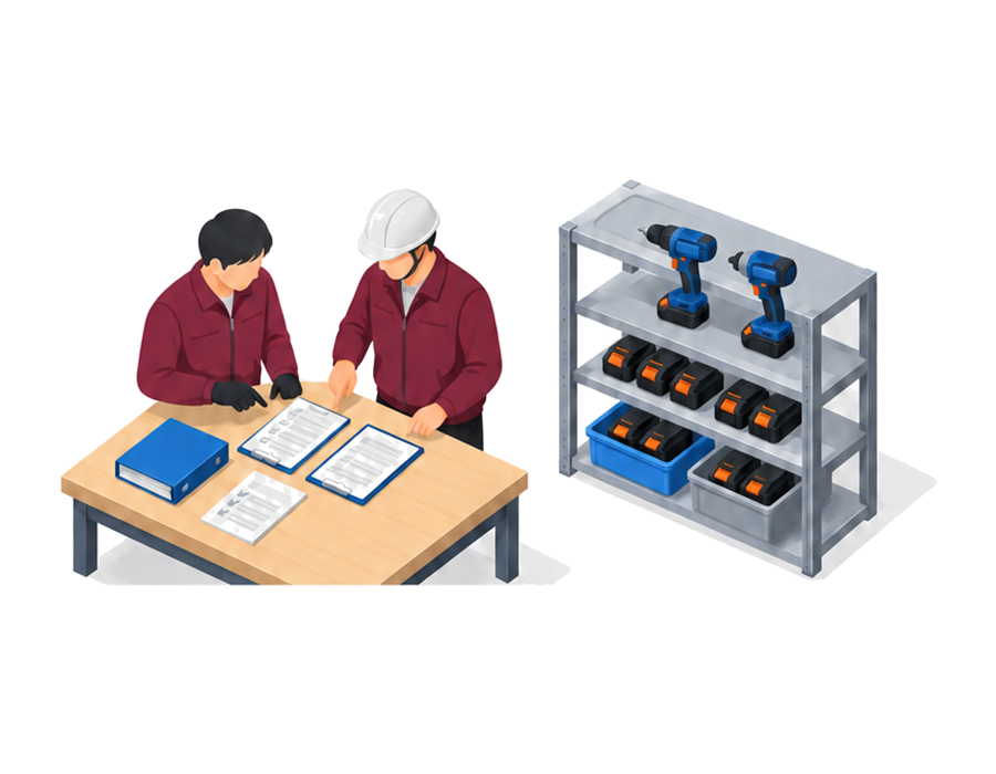 施設担当者が電動工具とバッテリーと充電器の型式ラベルを台帳と照合するアイソメ図