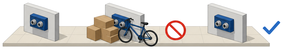 段ボールと自転車でふさがれた送水口と何も置かれていない送水口