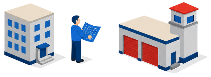 設計図面を手にした人物と共同住宅の建物、その横に立つ消防署の建物