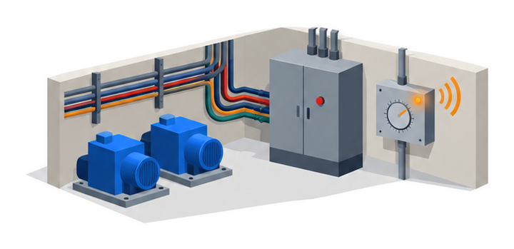 電線の多い工場の壁で警報器のオレンジ色のランプが点灯しているイラスト