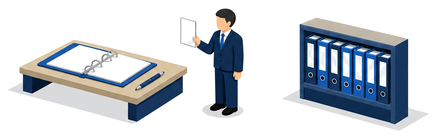机の上の開いたバインダーと用紙を見比べる担当者とバインダーが並ぶ棚があるイラスト