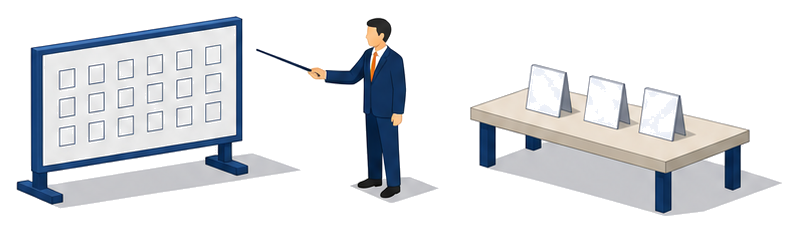 マス目の並んだ大きな板を担当者が指し示し右の机に小さなカードが三枚立てられているイラスト