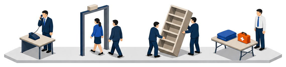 受話器を持つ人と出入口を通る二人と倒れた棚を起こす二人と救急箱を置いた机が横一列に並んでいるイラスト