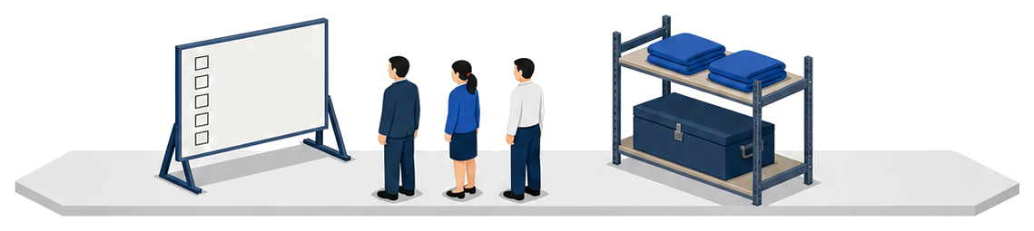 一覧を貼った板の前に三人が並び右に資機材箱と毛布を載せた棚があるイラスト