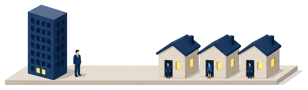 夜の高層ビルにひとりだけ残り離れた住宅街の家に人がいるイラスト