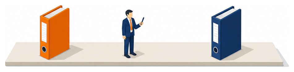 橙色の表紙のバインダーと紺色の表紙のバインダーが人をはさんで並んでいるイラスト