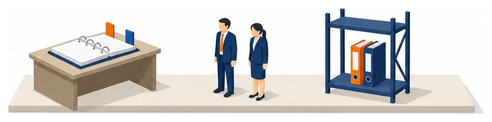 見出しの仕切りを二枚立てた一冊のバインダーを二人で確かめているイラスト
