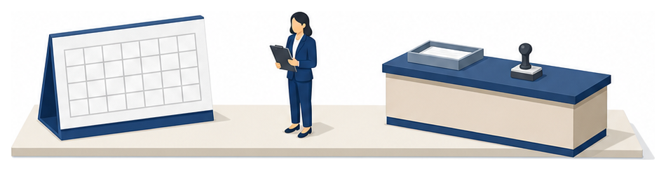 予定表の前で書類を持つ人と届出の受付カウンターが並んでいるイラスト