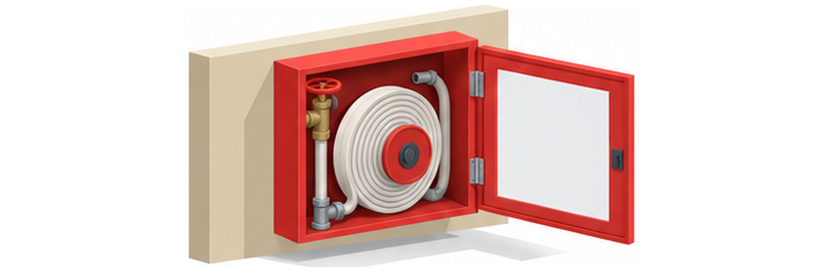 壁に取り付けた赤い消火栓箱の扉が開き、内側に白い無地の板が付いているイメージ