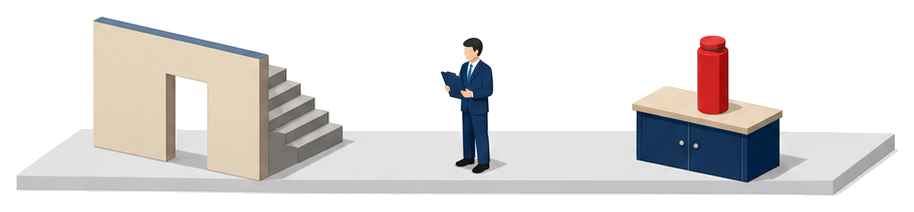 扉のある壁と階段の前に立つ人と赤い消火器が置かれた棚が並んでいるイラスト