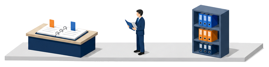 開いたバインダーの置かれた机とファイルを持つ人と書類棚が並んでいるイラスト