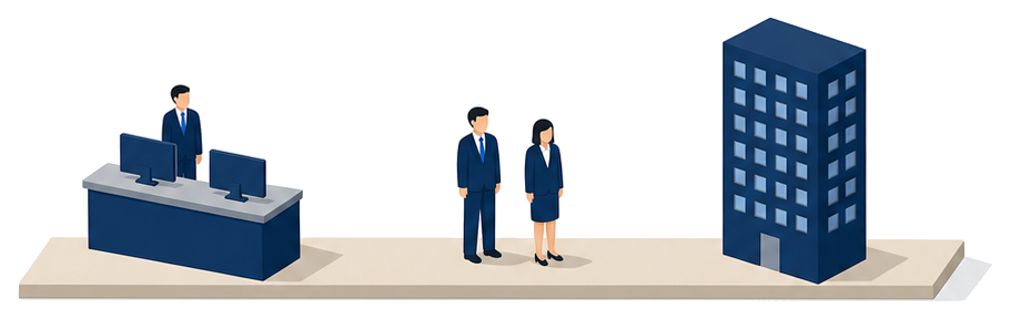 表示板の付いた制御卓に立つ人と2人の従業員と高層の建物が並んでいるイラスト