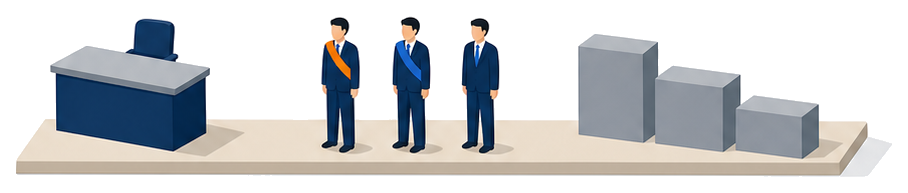 空の椅子が置かれた机とたすきを掛けた人を含む3人と高さが下がっていく段が並んでいるイラスト