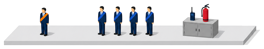 地区隊長と各班の班長が並ぶ地区隊の構成を示したイラスト