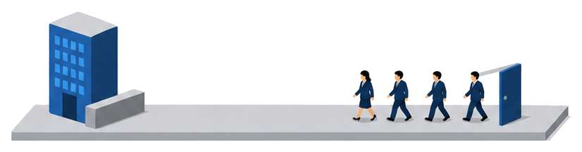 地上への出口がふさがれたときに接続部の扉を通って避難する経路を示したイラスト