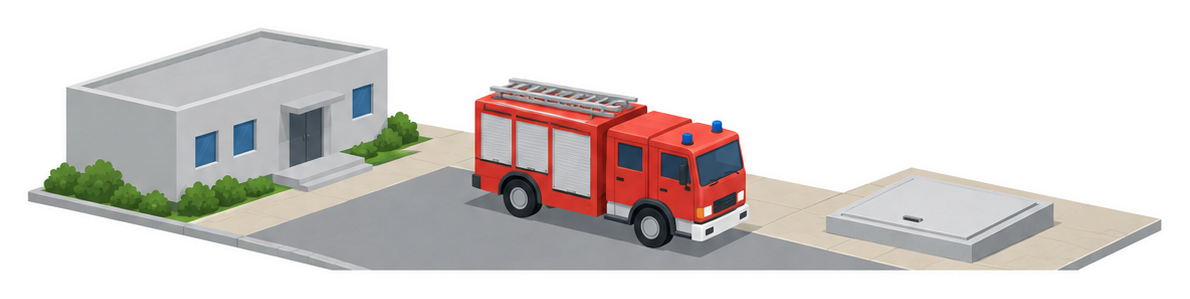 赤い消防ポンプ自動車が舗装された広場に停まって前を灰色の水槽の蓋へ向け、間に何も置かれていない舗装の通路があり、左に灰色の事務所ビルが建つイラスト