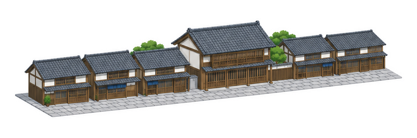 石畳の通りに沿って灰色の瓦屋根の古い木造の町家が並び、その中に少し大きな古い木造の建物がある街並みのイメージ