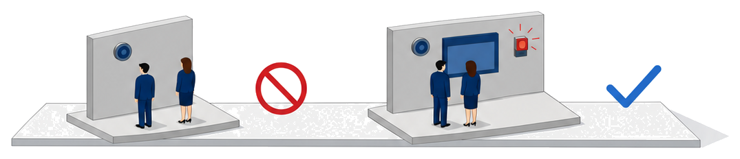 スピーカーだけの壁と表示板や光の点滅を備えた壁を並べて比べたイラスト