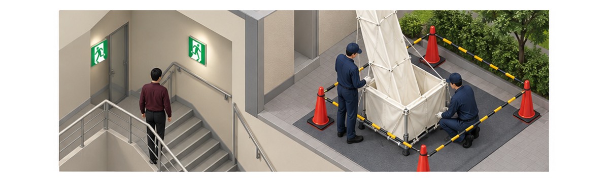 代替階段と二人で行う救助袋の専門点検を示す横長アイソメ図