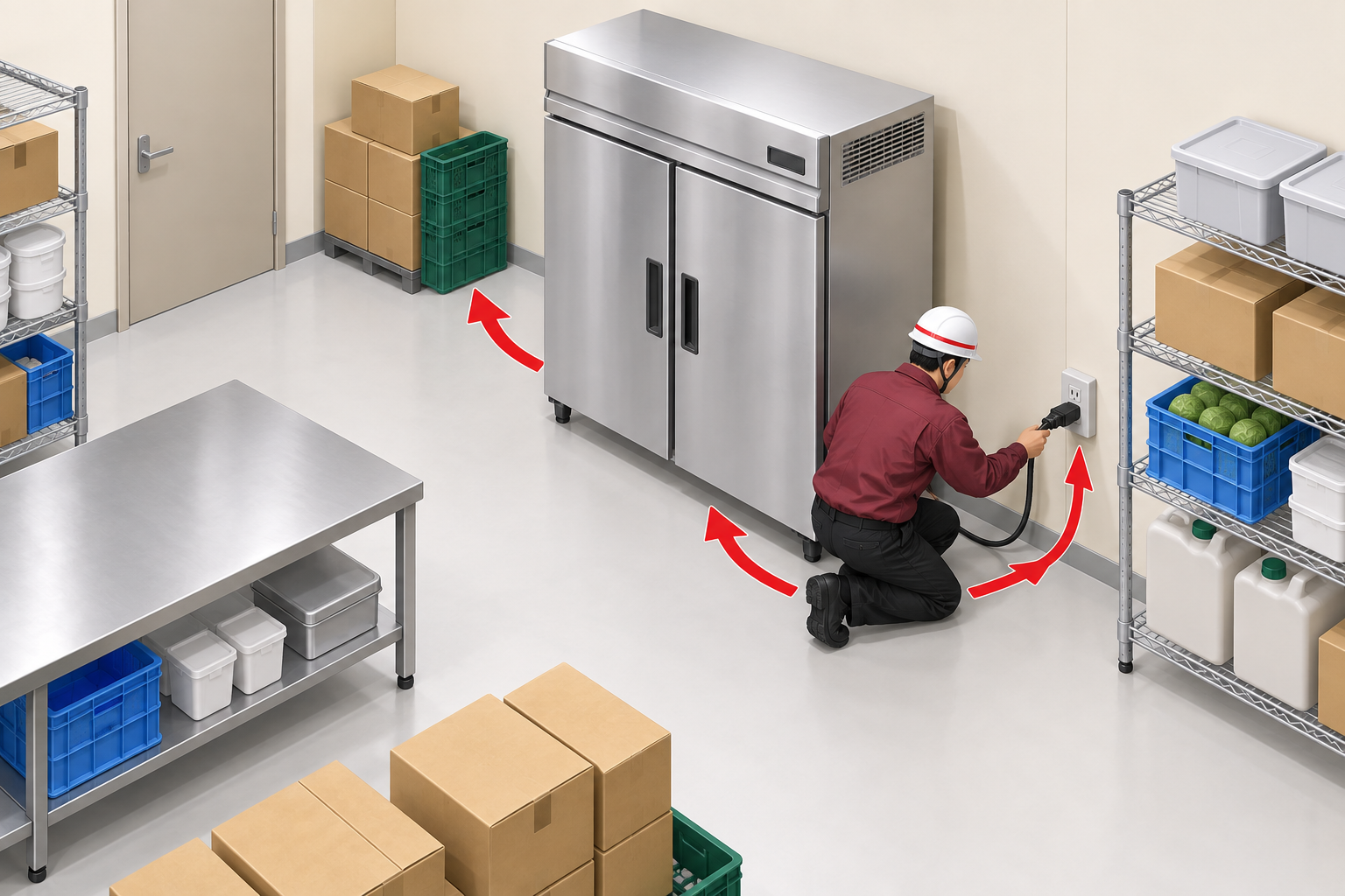 食品倉庫の冷蔵設備と電源周りを点検する図